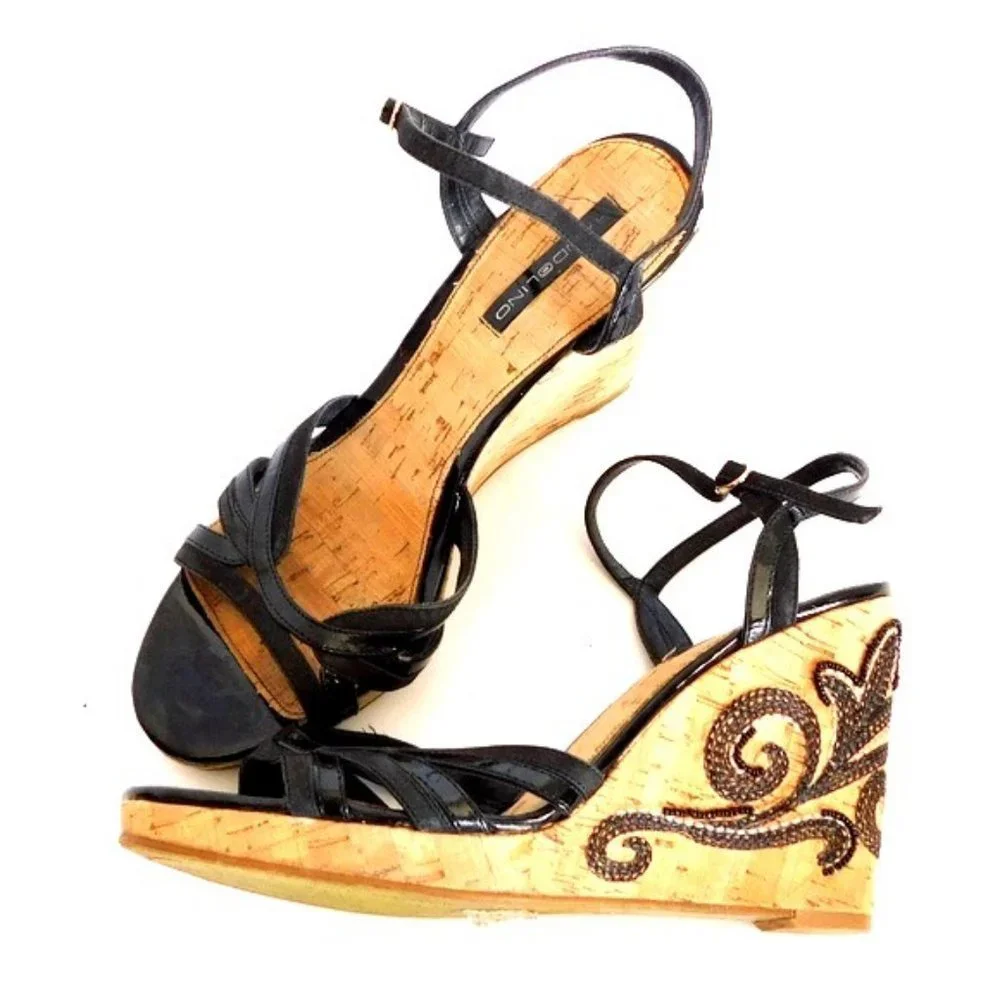 Bandolino Black Leather Embroidered Cork Wedges